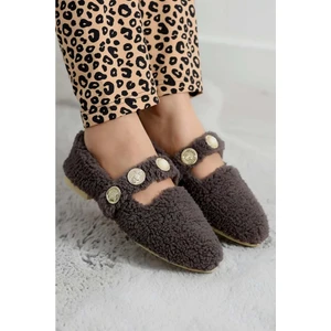 Kadın Inci ve Tuğra Detaylı Peluş Babet - Füme - 36