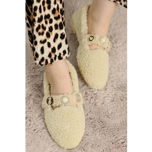 Kadın Inci ve Tuğra Detaylı Peluş Babet - Krem - 39