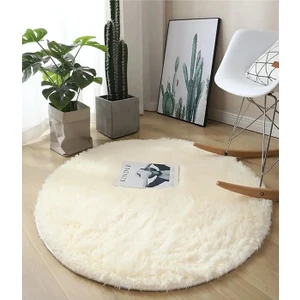 Krem Yuvarlak Kaymaz Taban Halı Yıkanabilir Dekoratif Peluş Halı