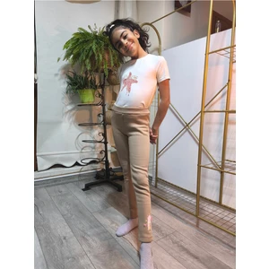 Şimo Butik Kız Çocuk Tayt Kışlık Pamuklu Şardonlu Beli Lastikli Kurdeleli Kedi Camel Dar Kalıp