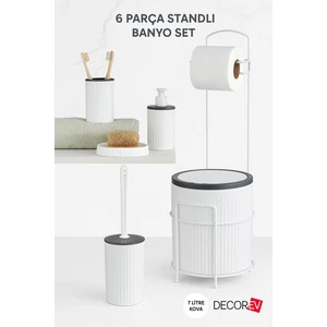 6 Parça Standlı Banyo Seti – 7 Litre Çöp Kovası, Tuvalet Kağıtlığı, Sabunluk, Fırçalık Banyo Takımı