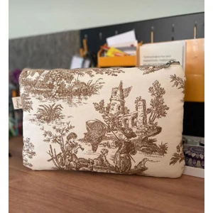 El Yapımı Toile De Jouy Desenli Tablet Çantası 11 Inç Gündelik Askısız Kadın El Çantası