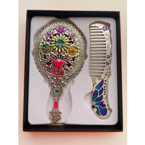 Galata Gift Ayna Tarak Seti, Kutulu-Metal-Hediyelik Takım, 13CM Aynalı Saç Fırçası, Tavuskuşu Figürlü