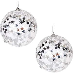 Yılbaşı Topu, Gümüş Yıldızlı, Beyaz - 2'li Paket, 10 cm
