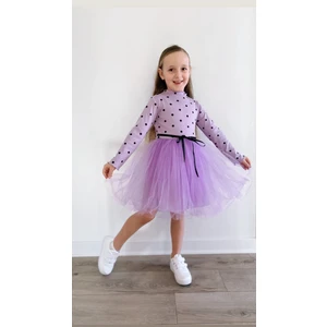 Şirin Şeyler Butiği Linda Kız Çocuk Prenses Kabarık Tütü Lila Elbise Uzun Kol Puantiyeli Esnek Likralı Tüllü