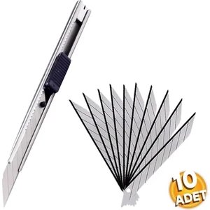 1 Adet Ince Metal Gövdeli Maket Bıçağı Cep Tipi Mini Ince Falçata 10LU Yedek Uçlu Set