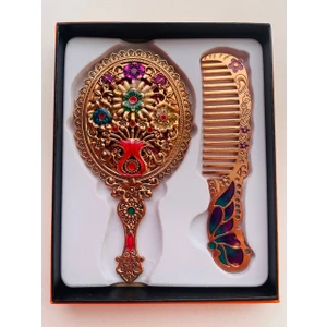 Galata Gift Ayna Tarak Seti, Kutulu-Metal-Hediyelik Takım, 13CM Aynalı Saç Fırçası, Tavuskuşu Figürlü