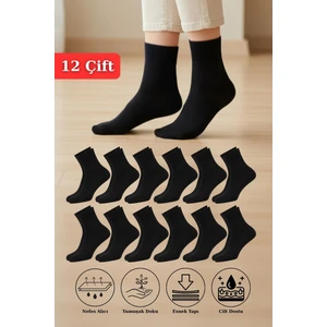 12 Çift Kadın Siyah Esnek Pamuklu Örme Soket çorap 1021