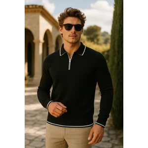 Erkek Günlük Fermuarlı Siyah Uzun Kollu Polo Yaka Triko