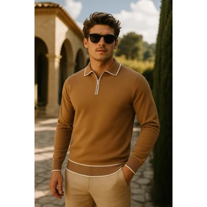 Erkek Günlük Fermuarlı Camel Uzun Kollu Polo Yaka Triko