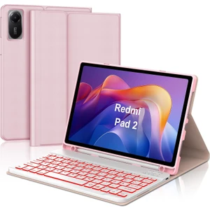 M.TK Moveteck Xiaomi Redmi Pad 2 Uyumlu Tablet Klavyeli Kılıf Kablosuz Bluetooth Akıllı Kalem Bölmeli Tükçe Q Klavyeli Tablet Kılıfı