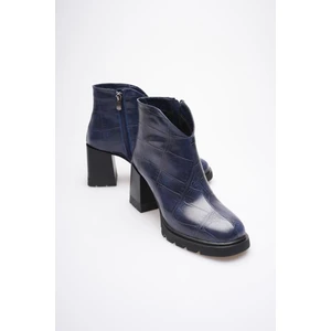 Kadın Deri Bot Kroko Kalın Topuklu Fermuarlı Lacivert Orvella