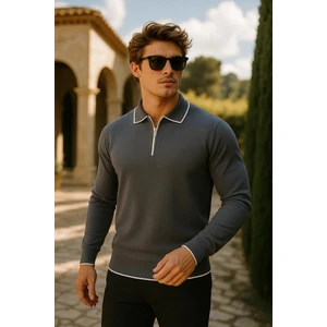Erkek Günlük Fermuarlı Füme Uzun Kollu Polo Yaka Triko