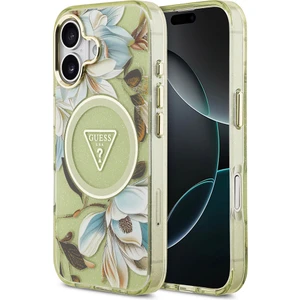 iPhone 17 Kılıf Guess Lisanslı M-Safeli Simli Çiçek Desen Metal Kamera Çerçeveli Üçgen Logolu Yeşil