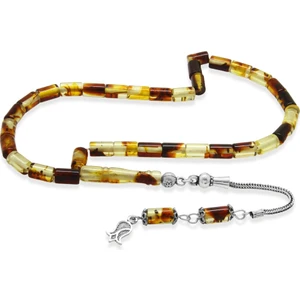 Fosilli Beyrut Kehribar Tesbih - 925 Ayar Gümüş Püsküllü - Mini Boy - Sarı Siyah - Kesme Kesim