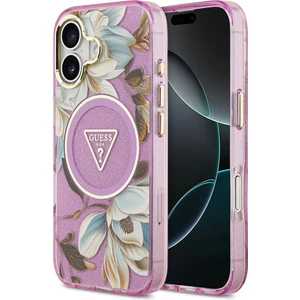 iPhone 17 Kılıf Guess Lisanslı M-Safeli Simli Çiçek Desenli Metal Kamera Çerçeveli Üçgen Logolu Mor