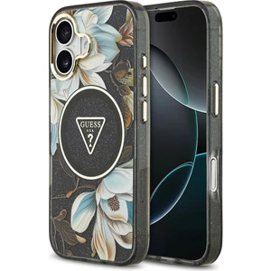 iPhone 17 Kılıf Guess Lisanslı M-Safeli Simli Çiçek Desen Metal Kamera Çerçeveli Üçgen Logolu Siyah