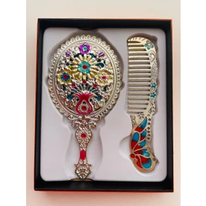 Galata Gift Ayna Tarak Seti, Kutulu-Metal-Hediyelik Takım, 13CM Aynalı Saç Fırçası, Tavuskuşu Figürlü