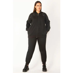 Kadın Siyah Kapşonlu Sweatshirt Pantolon Takım Ön Fermuarlı Taş Detaylı %95 Viskon