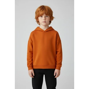 Unisex Çocuk Basic Pamuklu Kapüşonlu Sweatshirt - Turuncu