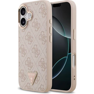 iPhone 17 Kılıf Guess Lisanslı M-Safe Şarjlı Gold Metal Kamera Çerçeveli Taşlı Üçgen Logolu Pembe