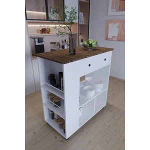 Moka Park AVM Tekerlekli Raflı Kahve Köşesi Dolabı – Oval Kenarlı, Çekmeceli, Mikrodalga ve Tost Makinesi Uyumlu, Modern Beyaz Tasarım