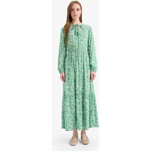 Bisiklet Yaka Desenli Viskon Uzun Kollu Maxi Elbise