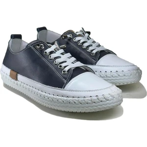 Kadın Hakiki Deri Lacivert Sneaker El Dikişli Günlük Spor Ayakkabı Bağcıklı Rahat Taban