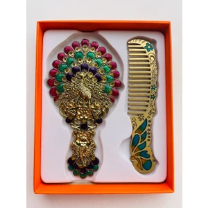 Galata Gift Ayna Tarak Seti, Kutulu-Metal-Hediyelik Takım, 13CM Aynalı Saç Fırçası, Tavuskuşu Figürlü