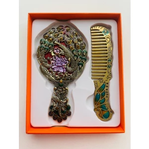 Galata Gift Ayna Tarak Seti, Kutulu-Metal-Hediyelik Takım, 13CM Aynalı Saç Fırçası, Tavuskuşu Figürlü