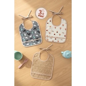 Proof 3'lü Sıvı Su Geçirmez Bebek Mama Önlüğü Ağız Silme Mendili Bağlamalı 3 Prç Bejgrup 6-24 Ay