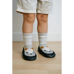 Çocuk Kedi Desenli Makosen Soket Çorap Patik Panduf – Kaydırmaz Ev & Anaokulu Ayakkabısı Gri