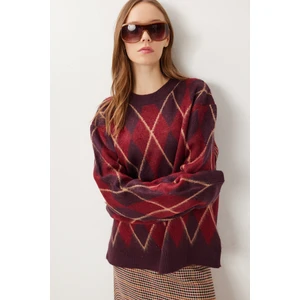 Happiness İstanbul Baklava Desenli Oversize Triko Kazak LFN0129 Mürdüm Bordo