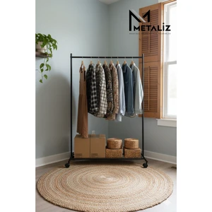 Siyah Pratik Tekerlekli Konfeksiyon Askısı - Kıyafet Standı ve Organizer