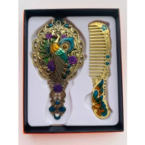 Galata Gift Ayna Tarak Seti, Kutulu-Metal-Hediyelik Takım, 13CM Aynalı Saç Fırçası, Tavuskuşu Figürlü