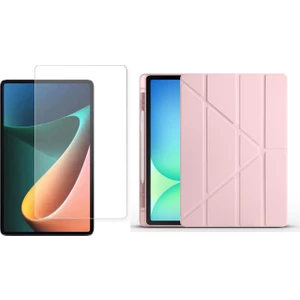 Tekno Grup Xiaomi Redmi Pad Pro Kılıf Zore Tri Folding Kalem Bölmeli Standlı Kılıf-Rose Gold + Cam