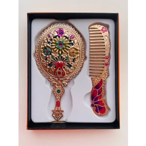 Galata Gift Ayna Tarak Seti, Kutulu-Metal-Hediyelik Takım, 13CM Aynalı Saç Fırçası, Tavuskuşu Figürlü