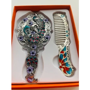 Galata Gift Ayna Tarak Seti, Kutulu-Metal-Hediyelik Takım, 13CM Aynalı Saç Fırçası, Tavuskuşu Figürlü