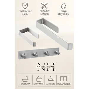 Nakra Home 3'lü Set (Paslanmaz Çelik Yapışkanlı Havlu Askılığı, Tuvalet Kağıtlığı ve 4'lü Askılık) Yapışkanlı