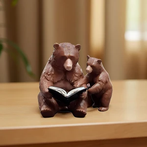 Monarch Art Okuyan Ayı Figürü | Anne ve Yavru Temalı Dekoratif Obje | Ev ve Ofis Dekoru (10X10 Cm)