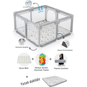 Playard Güvenli Bebek ve Çocuk Oyun Alanı Oyun Parkı 120X120 Oyun Matı Topları ve Yataklı
