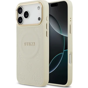 iPhone 17 Pro Max Uyumlu Kılıf Guess Lisanslı M-Safeli Sıcak Baskı Yazı Logo Pu Deri Peony Kapak Bej