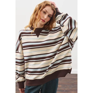 Oversıze Çizgili Sweatshırt Kahverengi