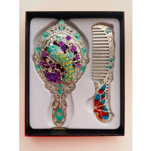 Galata Gift Ayna Tarak Seti, Kutulu-Metal-Hediyelik Takım, 13CM Aynalı Saç Fırçası, Tavuskuşu Figürlü