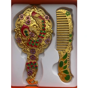 Galata Gift Ayna Tarak Seti, Kutulu-Metal-Hediyelik Takım, 13CM Aynalı Saç Fırçası, Tavuskuşu Figürlü