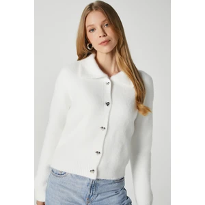 Kadın Date Yumuşak Sakallı Kalp Düğmeli Polo Yaka Ekru Triko Hırka