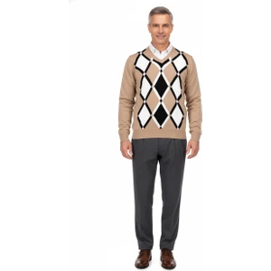 Erkek Kışlık Doğal Yünlü Örme V Yaka Kazak Baklava Desenli Rahat Kesim Tam Kalıp Klasik Model