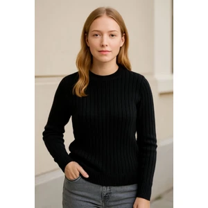 Magic Special Bisiklet Yuvarlak Yaka Triko Kazak Pamuklu Kalın Fitilli Dokuma, Regular Fit Uzun Kollu Kışlık Model - Siyah