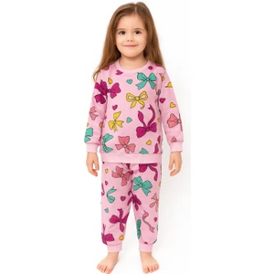 Kız Çocuk Iki Iplik Şardonlu Pembe Renk Kurdele Desenli Uzun Kollu Pijama Takımı