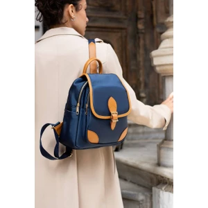 Asel Çanta Asel  Çanta,toka Detaylı, lacivert camel  Saten Deri Bayan Sırt Çantası